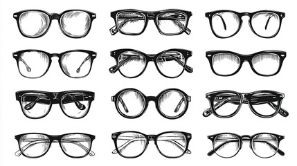 Black glasses rim. Eyeglasses and sunglasses collection vector illustration. Vintage, classic and modern style glasses rim silhouette. Stylish male and female optical accessories isolated set illustr
