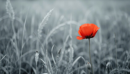 Single Red Poppy in Desaturated Field with Selective Color