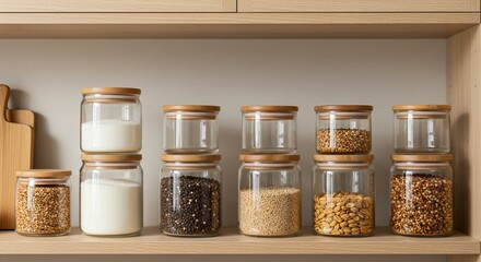 Organized food storage jars on wooden shelf