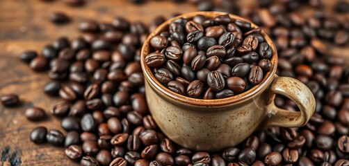 Fototapeta premium A rustic ceramic cup overflowing with dark roasted coffee beans, sack, still life