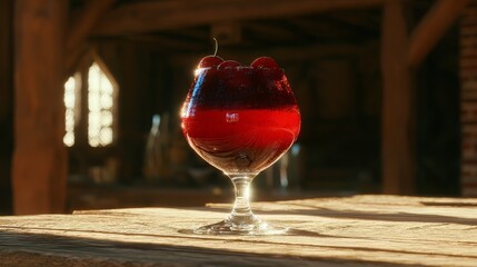 A **glass of deep red cherry wine is placed on a rustic wooden table**, with sunlight hitting the liquid.
