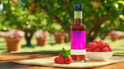 Raspberry Liqueur Bottle and Glass with Garden Background