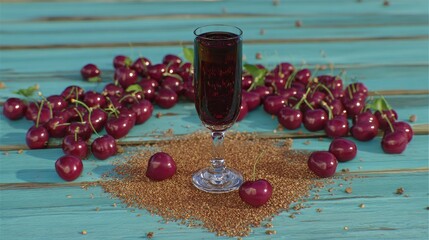 A **glass of deep red cherry wine is placed on a rustic wooden table**. The ripe cherries are scattered around a glass.