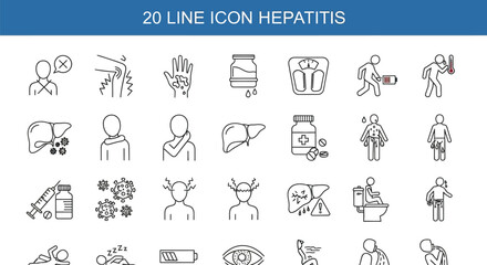 Hepatitis symptoms and prevention vector line icons set, liver disease, medical health care and treatment