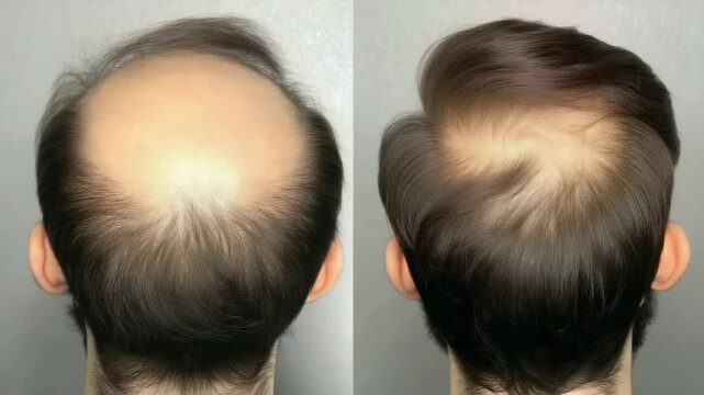 Growth journey clip: Transformation unfolds through hair transplant stages, showing initial thinning and final thickness, featuring natural finish, reshaped line, volume return, identity lift,