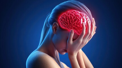 Woman experiencing intense head pain, highlighted brain