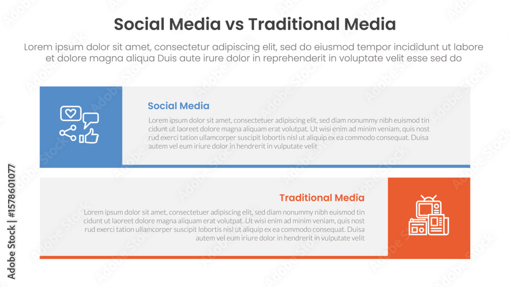 Poster social media vs traditional media comparison concept for infographic template banner with long recta