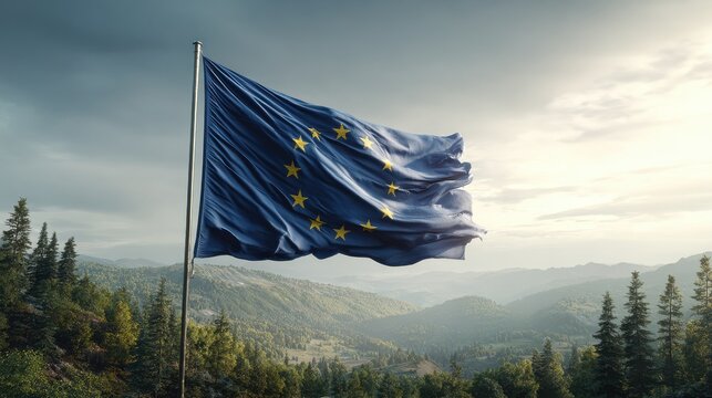 European Union flag waving in the wind against a scenic countryside backdrop - Powered by Adobe