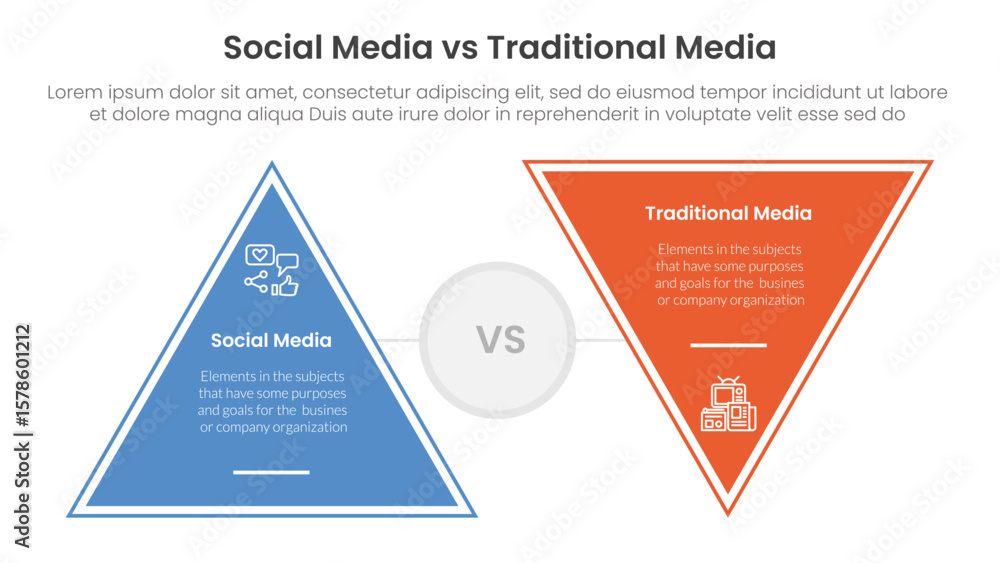 Poster social media vs traditional media comparison concept for infographic template banner with triangle s