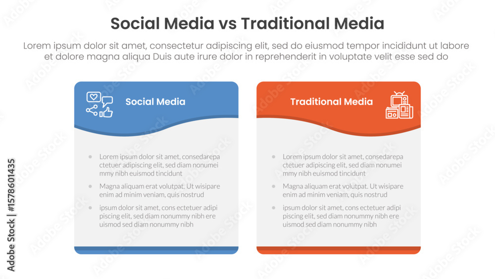 Aufkleber social media vs traditional media comparison concept for infographic template banner with wave swirl