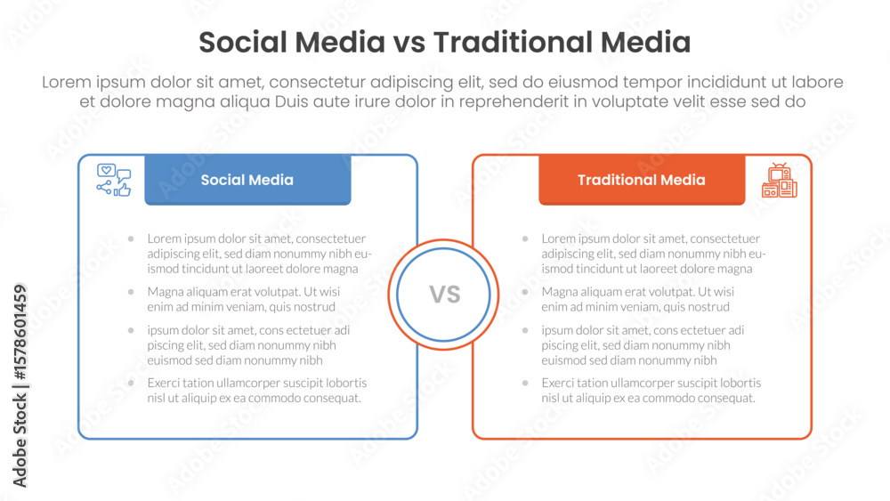 Aufkleber social media vs traditional media comparison concept for infographic template banner with box opposi