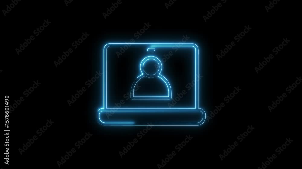 Poster glowing laptop with user profile icon animation on black background for digital communication concep