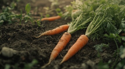 Fresh carrots in a garden bed