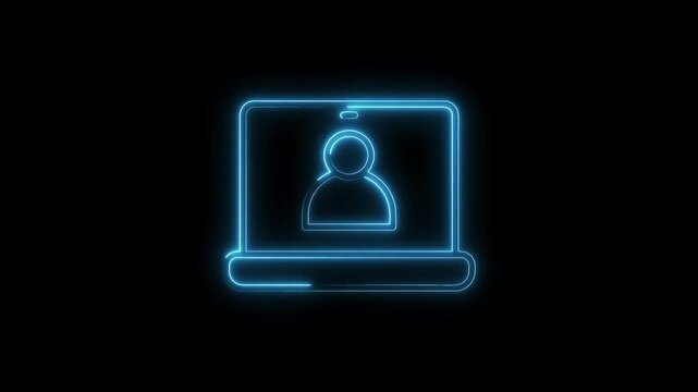 Glowing laptop with user profile icon animation on black background for digital communication concepts