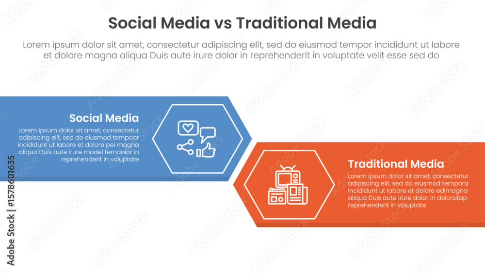 Poster social media vs traditional media comparison concept for infographic template banner with big rectan