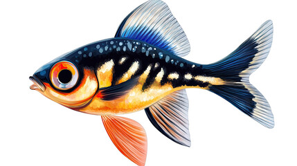 Fototapeta premium Zebra fish with black and white striped pattern and aquatic body detail isolated on white background
