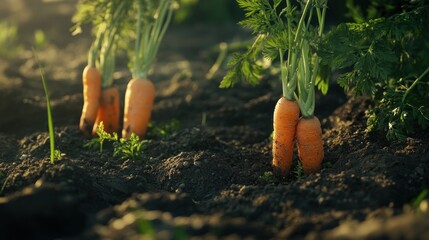 Fresh carrots growing in rich soil