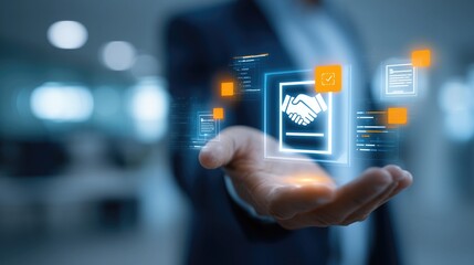 Business professional hand presenting digital agreement with handshake icon on glowing tech interface, virtual contract concept in modern office background with futuristic data elements.