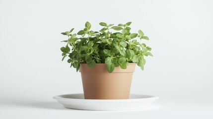 Potted oregano plant on a plate