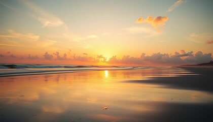 Obraz premium Golden hour light paints the sky vibrant hues as the sun crests above the ocean horizon, illuminating the wet sand, morning, majestic