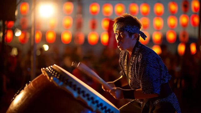 少年が夜祭で太鼓を力強く打ち鳴らす瞬間