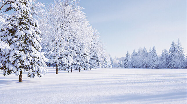 Snowy trees line a winter landscape.