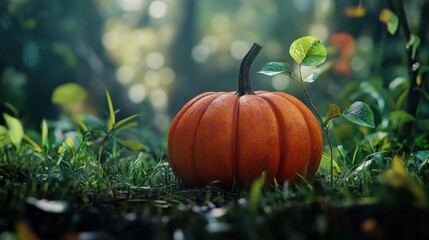 Pumpkin nestled in forest grass