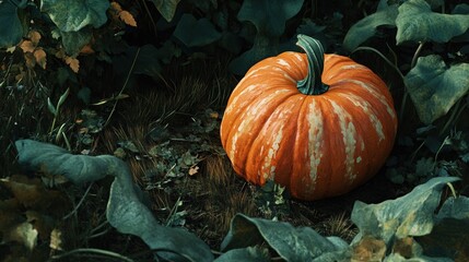 A pumpkin nestled amongst foliage