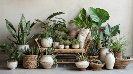 Arrangement of various potted plants on a wicker couch
