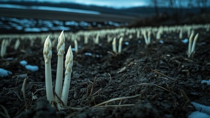 Fresh asparagus shoots emerging from dark soil