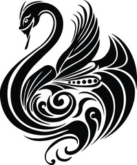 Swan Vector Tribal Style Illustration with Curved Ornamental Feathers, Swan Vector Graphic Featuring Stylized Wings and Curves
