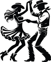 Western Couple in Country Style Dance Pose, Dance Vector Cowboy and Cowgirl Silhouette Dancing Together