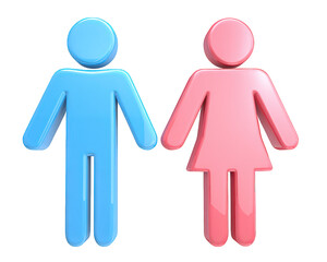 Blue male symbol and pink female symbol, glossy 3D figures, standing side by side, isolated on transparency background, representing gender, equality, and restroom signage concepts