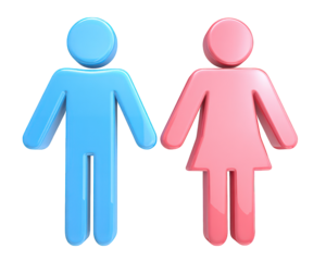 Blue male symbol and pink female symbol, glossy 3D figures, standing side by side, isolated on transparency background, representing gender, equality, and restroom signage concepts