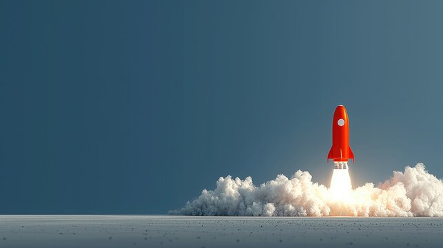 Red rocket launch with billowing smoke against clear blue sky, symbolizing technological innovation, startup success, and space exploration for business, scientific, or futuristic project concepts