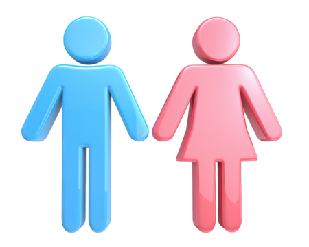 Blue male symbol and pink female symbol, glossy 3D figures, standing side by side, isolated on transparency background, representing gender, equality, and restroom signage concepts