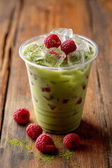 a transparent plastic cup filled with raspberry iced matcha latte
