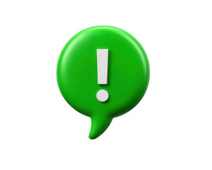 Green speech bubble with exclamation mark, symbolizing alert, attention, or important message, isolated on transparency background, 3D illustration, modern communication concept
