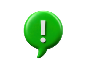Green speech bubble with exclamation mark, symbolizing alert, attention, or important message, isolated on transparency background, 3D illustration, modern communication concept