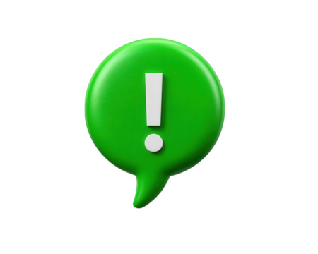 Green speech bubble with exclamation mark, symbolizing alert, attention, or important message, isolated on transparency background, 3D illustration, modern communication concept