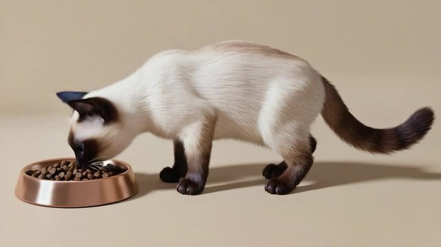 A cream-colored cat with brown markings, eating from a rose gold bowl filled with dry food, against a beige background
