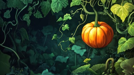 Orange pumpkin hanging from vine in a dark garden setting