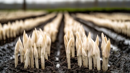 Rows of young white shoots in dark soil