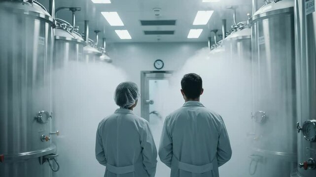 Two scientists in lab coats observing cryogenic storage tanks in a futuristic research facility.