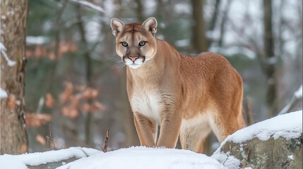 Majestic mountain lion stands on a snow-covered rock in a serene forest, showcasing its powerful physique and keen gaze amidst a tranquil winter landscape