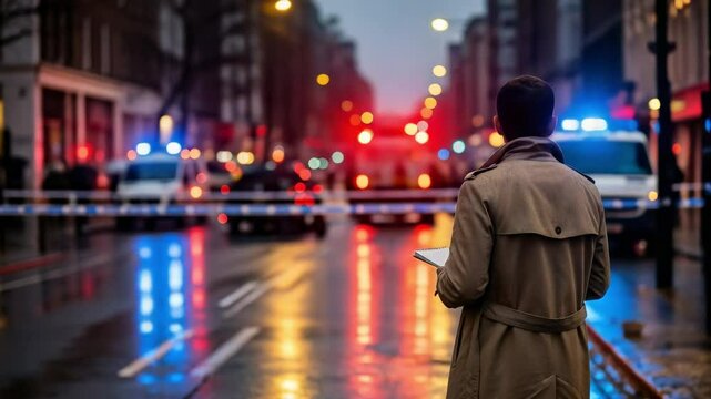 A male detective in a trench coat investigates a crime scene at night. Police cars with flashing lights and cordon tape on a wet city street.
