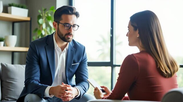 Business Consultation Meeting &ndash; Professional Man and Woman Having Conversation in Modern Office Space for Corporate Videos, Business Training, and Professional Communication