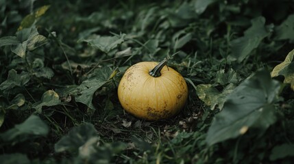 Small, pale yellow pumpkin nestled in overgrown garden