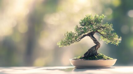 Bonsai tree in a shallow dish, soft light