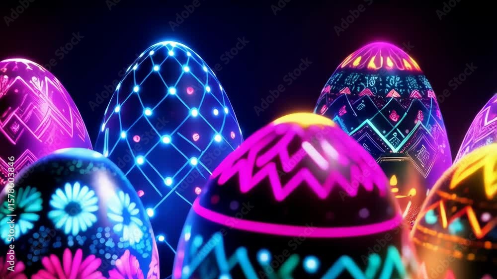 Poster vibrant row of decorated easter eggs glowing with neon colors and intricate geometric patterns on a 